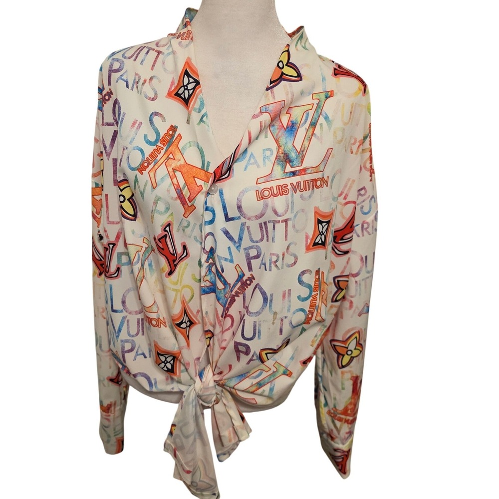 Graffiti Logo Tie Front Blouse with Scarf White Multi Color L